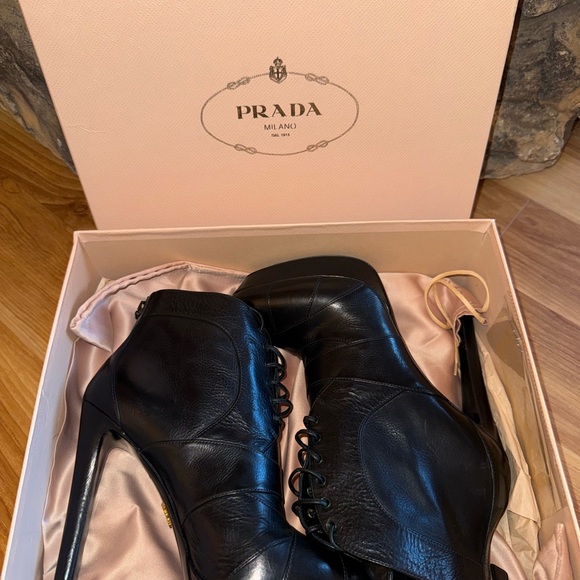 Prada Shoes - Prada Black Leather Lace-Up Stiletto Ankle Boots